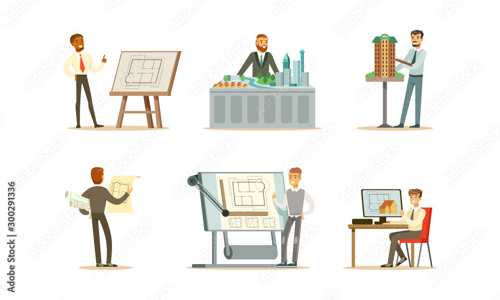 Male engineers are designing a new building. Vector illustration on a white background.