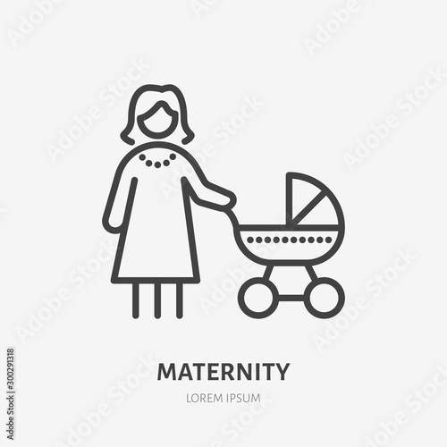 Mother baby line icon, vector pictogram of woman with stroller. Young mom on maternity leave, babysitting illustration, motherhood sign