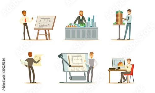 Male engineers are designing a new building. Vector illustration on a white background. © topvectors