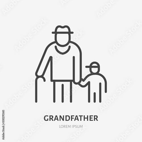Family line icon, vector pictogram of grandfather with grandson. Young boy with elderly relatives, guardian illustration, people sign