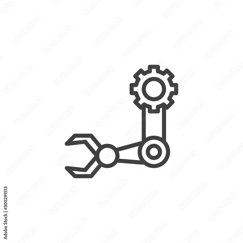 Robotic arm line icon. linear style sign for mobile concept and web design. Industrial mechanical robot arm outline vector icon. Symbol, logo illustration. Vector graphics Robotic arm line icon. linear style sign for mobile concept and web design. Industrial mechanical robot arm outline vector icon. Symbol, logo illustration. Vector graphics