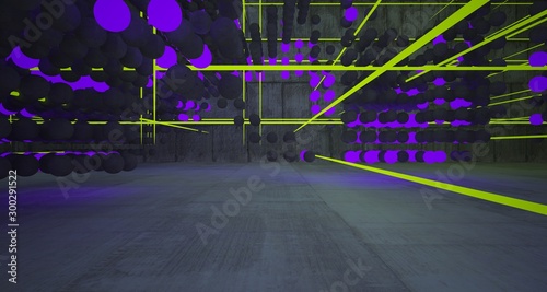 Abstract architectural concrete smooth interior from an array of spheres with color gradient neon lighting. 3D illustration and rendering.