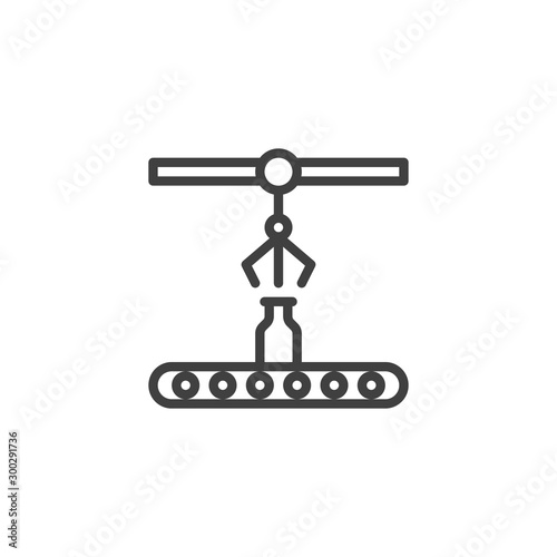 Conveyor belt with bottle line icon. linear style sign for mobile concept and web design. Milk factory conveyor outline vector icon. Symbol, logo illustration. Vector graphics