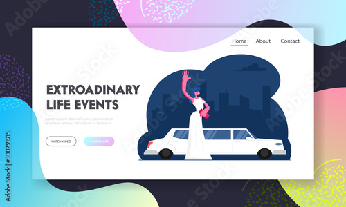 Gala Show Celebrity Arriving to Award Ceremony Website Landing Page. Elegant Young Woman in White Gown Standing near Limousine Waving Hand Famous Star Web Page Banner. Cartoon Flat Vector Illustration