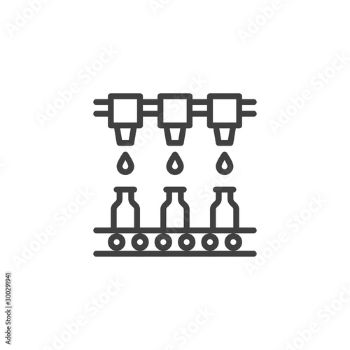 Beer conveyor belt line icon. linear style sign for mobile concept and web design. Conveyor belt with bottles outline vector icon. Manufacture production symbol, logo illustration. Vector graphics