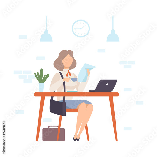 Woman at a table in a cafe holds a sheet of paper. Vector illustration.