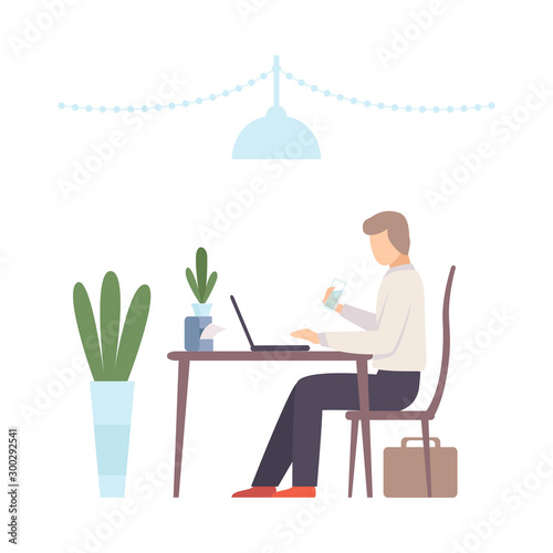 Man works on a laptop in a cafe. Vector illustration.