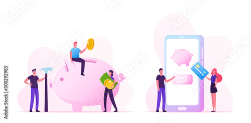 Cash and Money Savings Concept. Business People with Credit Card Stand at Huge Smartphone Make Deposit Transaction Tiny Men and Women Characters Put Coin in Piggy Bank Cartoon Flat Vector Illustration