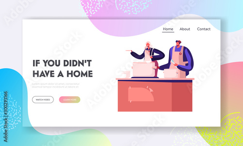 Volunteers Serving Food to Homeless People Website Landing Page. Man and Woman Pouring Warm Food to Plate for Beggars. Night Shelter Emergency Housing Web Page Banner. Cartoon Flat Vector Illustration