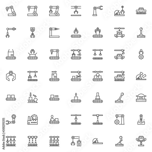 Robotic arm line icons set. Manufacturing automation technology linear style symbols collection, outline signs pack. vector graphics. Set includes icons as automation robot arm, Packing conveyor belt