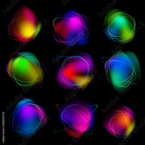 Magic light effects. Illustration isolated on dark background. Mystical portal. Bright sphere lens. Rotating lines. Glow ring. Magic neon ball. Abstract design logo. Vector.