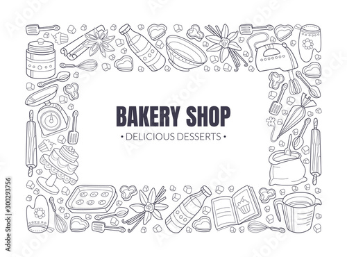 Black inscription Bakery shop in a white rectangle. Vector illustration.