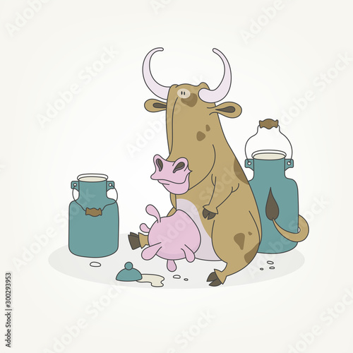 Cartoon character of a farm animal. Funny cute cash spotted cow sitting and posing with milk cans. Vector illustration