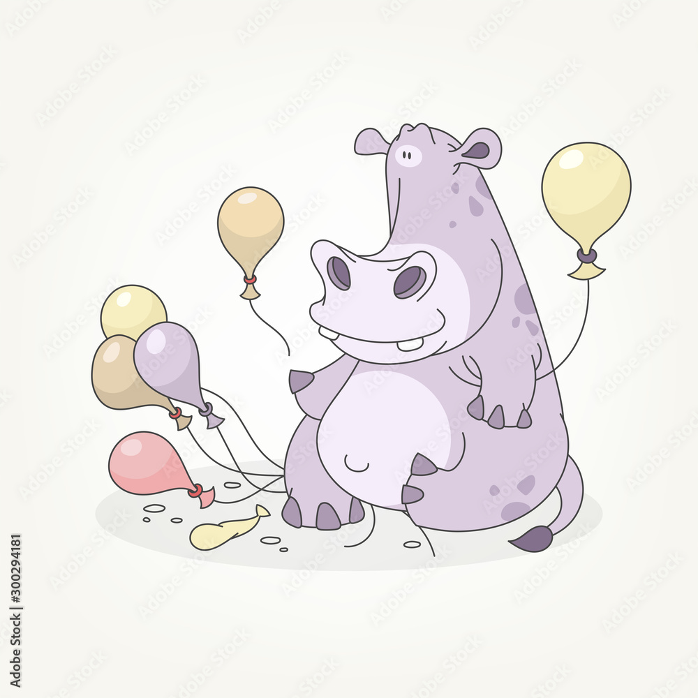 Cartoon character of a african animal. Funny cute hippo is sitting with  balloons and posing. Vector illustration Stock Vector | Adobe Stock