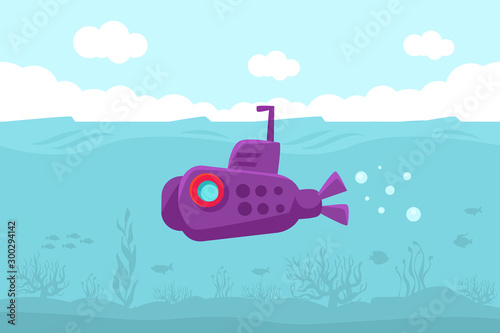 Purple submarine in the water. Vector illustration.