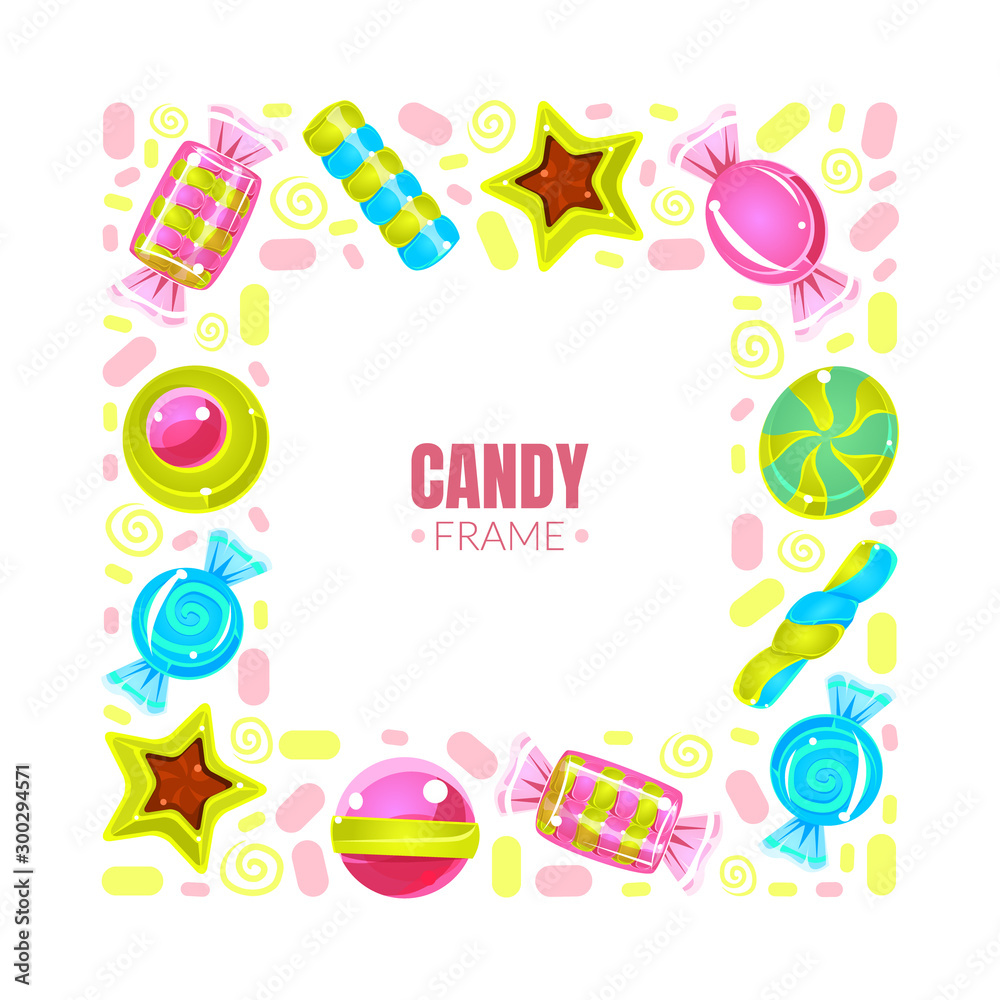 Square frame made of colorful sweets. Vector illustration.