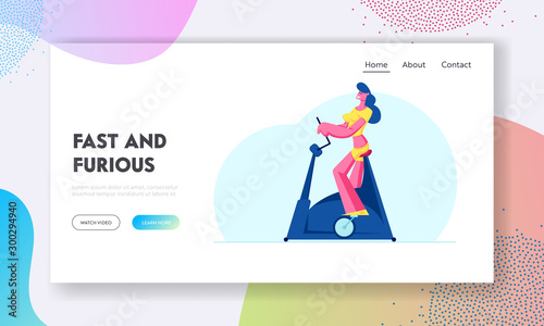 Bicycle Workout in Gym Website Landing Page. Active Woman Rolling Pedals on Exercise Bike. Sport Life and Weight Loss Process. Sports Training Hobby Web Page Banner. Cartoon Flat Vector Illustration