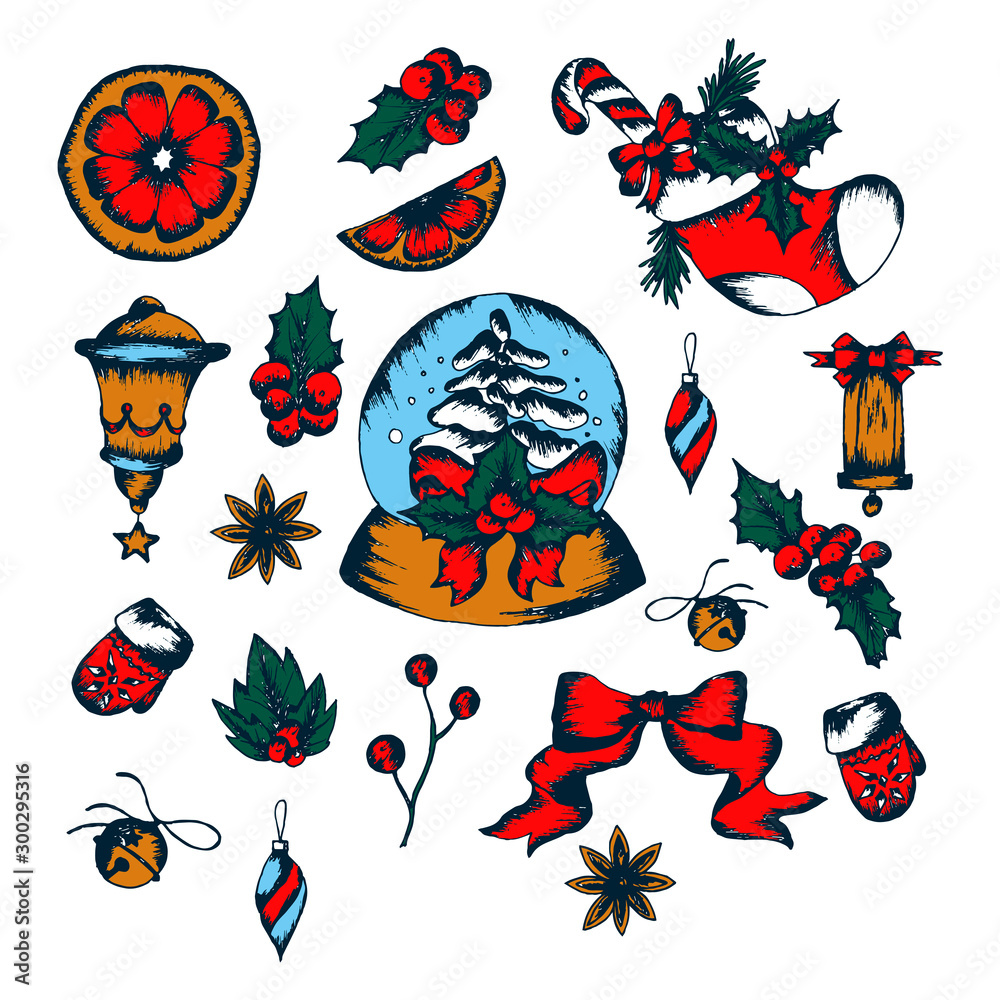 Traditional Symbols of New Year Vector Hand Drawn Set