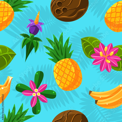 Fototapeta Naklejka Na Ścianę i Meble -  Tropical fruit pattern on a blue background. Vector illustration.