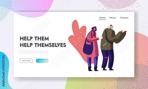 Voluntary and Donation Help to Bums Website Landing Page. Homeless People Getting Warm Food from Volunteers. Shelter, Temporary Residence for Beggars Web Page Banner. Cartoon Flat Vector Illustration