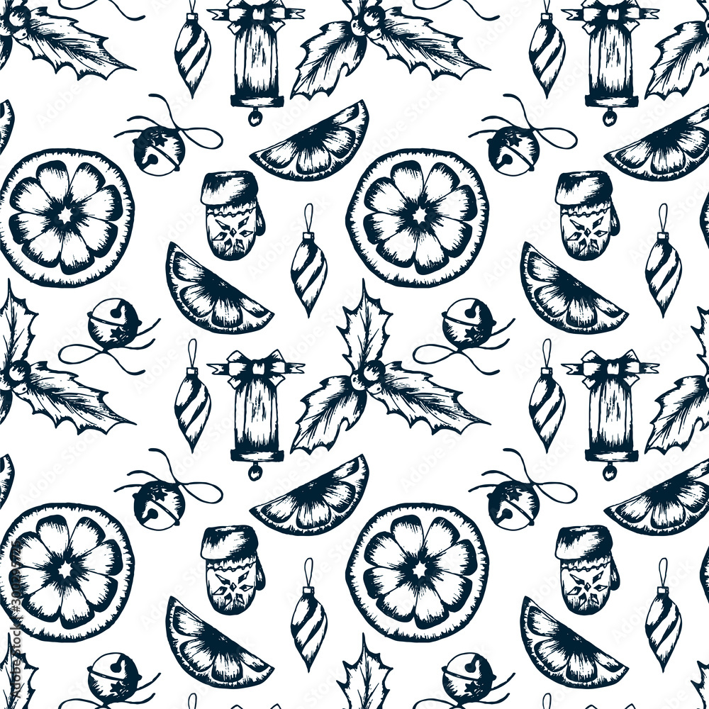 Vector Seamless Vintage Pattern with Traditional Holiday Symbols