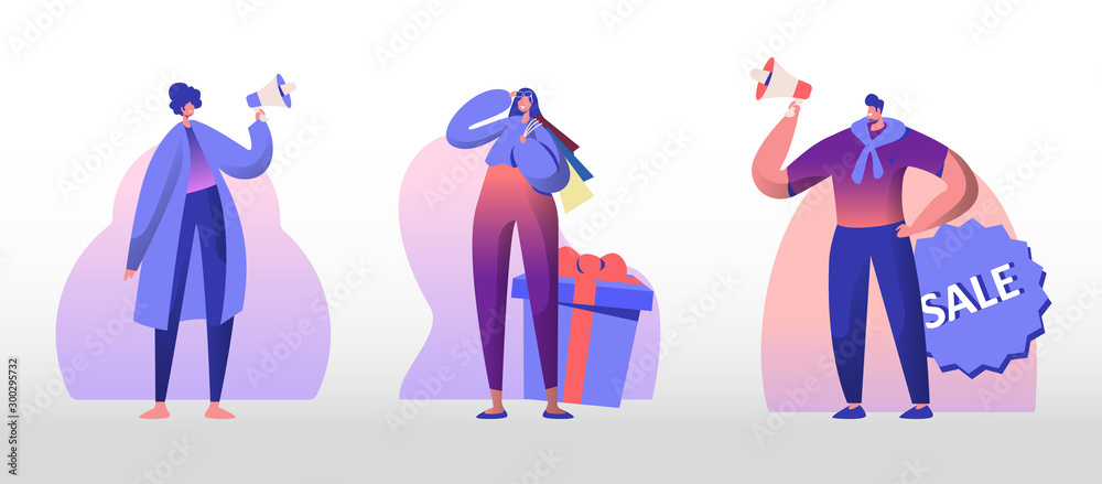 Obraz Total Sale Set. Young Man and Woman Shout in Megaphone Inviting Customers for Shopping. Girl with Bags Stand at Huge Gift Box Shop Promotion Discount and Price Off Day Cartoon Flat Vector Illustration
