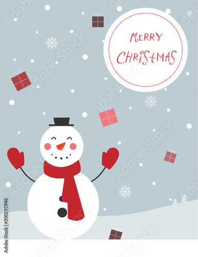 Weihnachtskarte - Merry Christmas, Süßer Schneemann mit Schal und Handschuhen photo