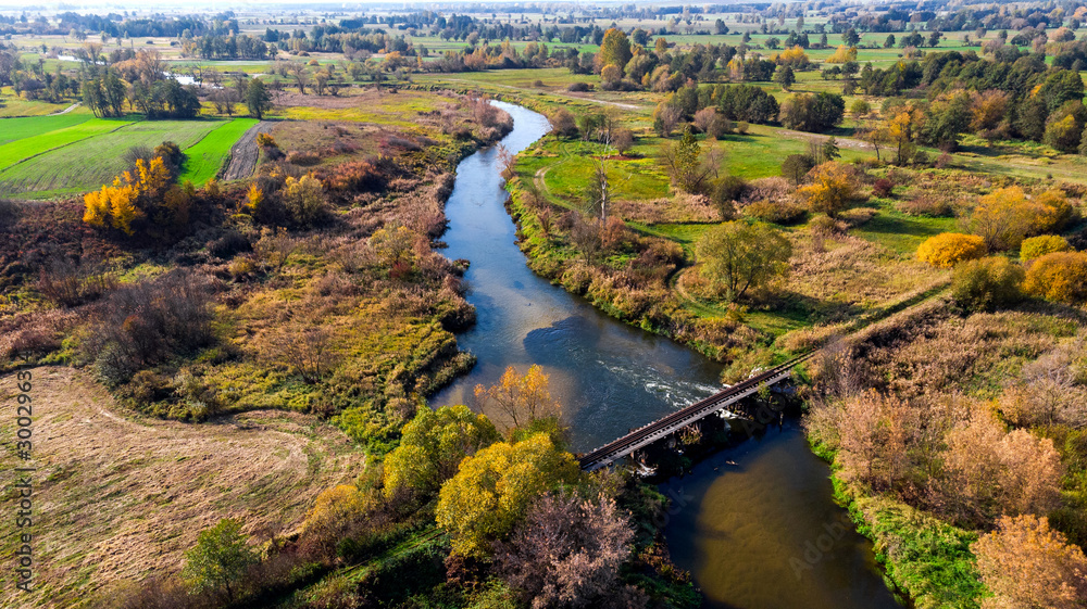 Curvy Nida River Bends in Swietokrzyskie,Poland. Aerial Drone View - obrazy, fototapety, plakaty 