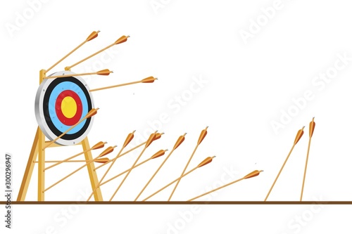 Many arrows missed hitting target mark. Shot miss. Multiple failed inaccurate attempts to hit archery target. Business challenge failure metaphor. Flat cartoon isolated vector object illustration