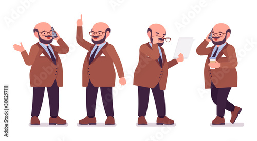Chubby heavy man with belly at work. Overweight and fat body shape. Middle aged bold guy, kind civil service worker. Big men fashion, plus size formal wear. Vector flat style cartoon illustration