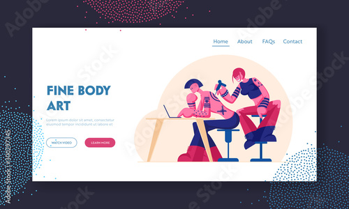 Tattoo Salon Website Landing Page. Master Making Tattooing to Character with Tattooed Body and Punk Hairstyle. People Decorating themself with Painting Web Page Banner Cartoon Flat Vector Illustration