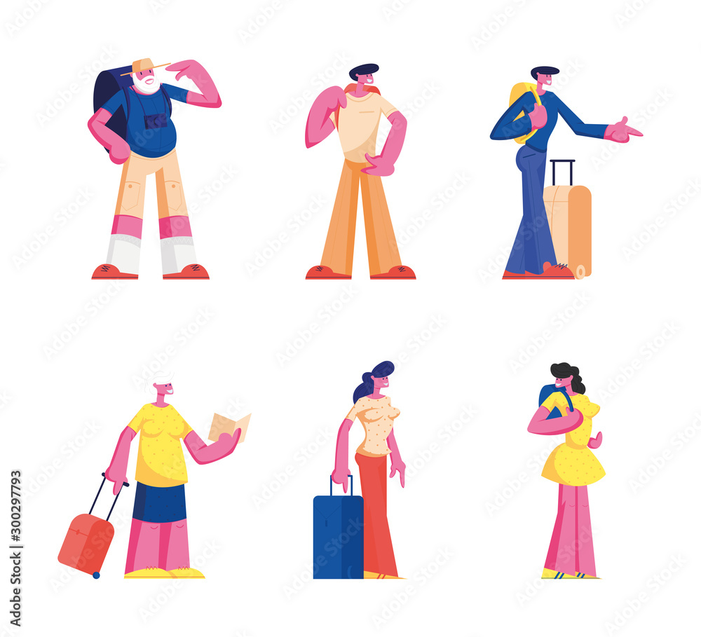 Set of Senior and Young Tourist Characters Traveling Watching Map in Trip, People with Photo Camera and Luggage Search Right Way in Foreign Country Voyage. Cartoon Flat Vector Illustration, Clip Art