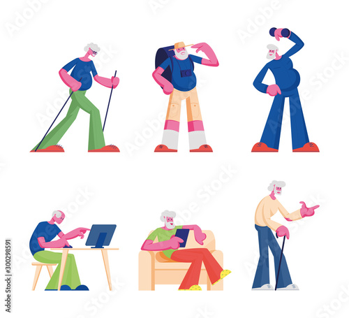 Elderly People Activities Set. Pensioners Workout Leisure and Traveling. Senior Men and Women Characters Doing Exercises, Having Fun in Trip, Fitness Healthy Lifestyle Cartoon Flat Vector Illustration