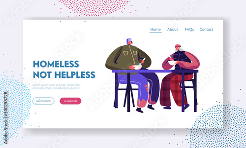Social Support to Homeless People in Troubles and Volunteering Website Landing Page. Man and Woman Beggars Sitting at Table Eating Warm Food Donation Web Page Banner. Cartoon Flat Vector Illustration
