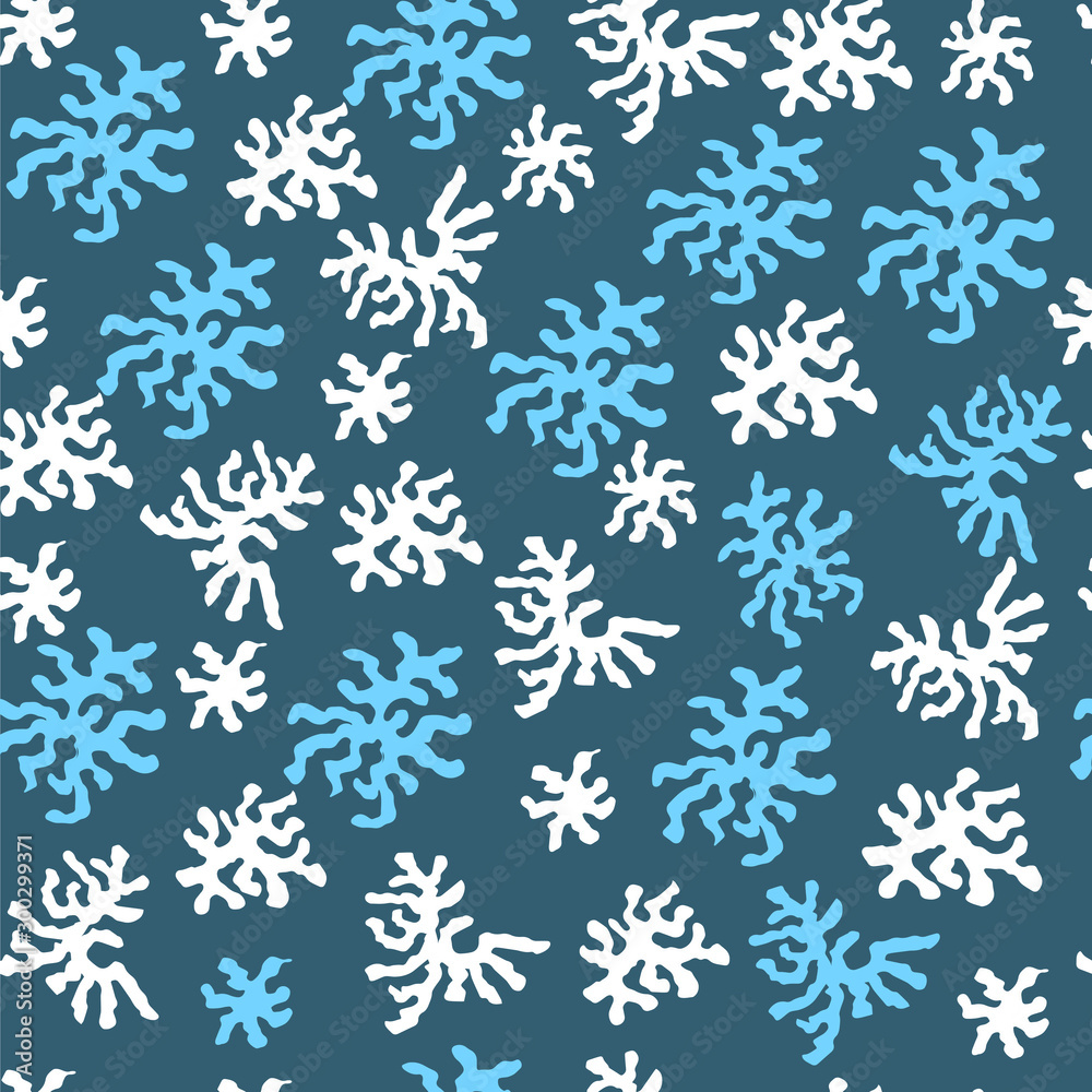 Seamless pattern with white and blue snowflakes. Winter abstract elements for decoration of fabric, paper.