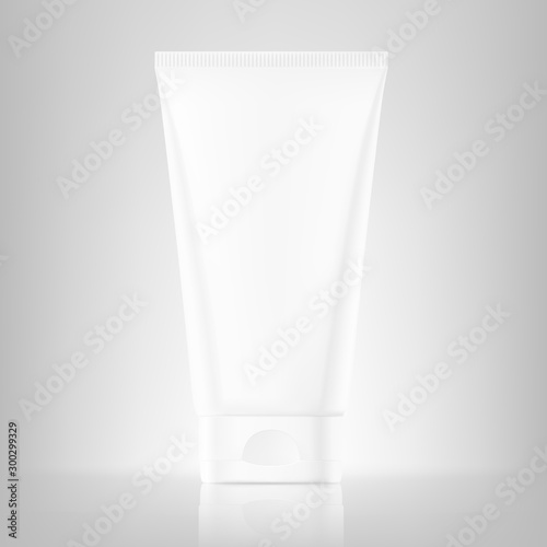 Blank plastic tube for cosmetics. Front view. Vector illustration isolated on white background. Can be use for your design, advertising, promo and etc. EPS10.	