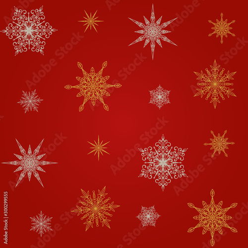 Vector Christmas and New Year seamless pattern of silver and golden snowflakes on a red background. Design for winter wallpaper, textile, wrapping paper.