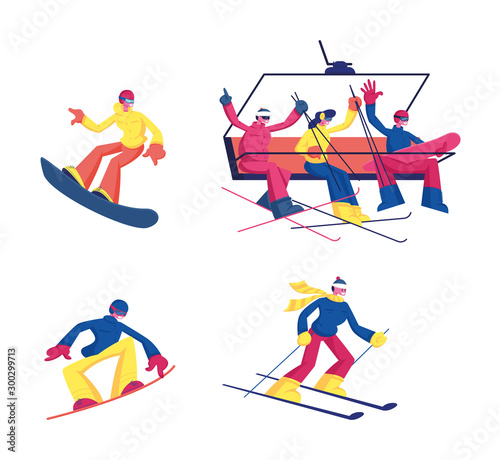 Set Skiing and Snowboarding Winter Sport Activity Isolated on White Background. Ski Snowboard Sportsmen Sportswomen Riding Downhills and Mountain Funicular Cartoon Flat Vector Illustration, Clip Art