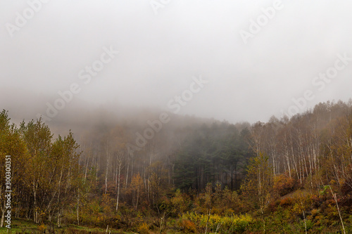 A beautiful mountain with autumn foliage and mist early in the morning.
