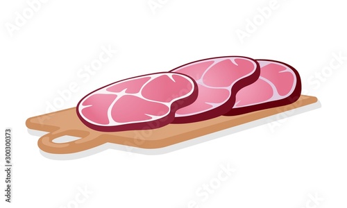 Slices of smoked red ham are on cutting wooden board. Cold cuts. Gammon, gigot, silverside cooked and cutted for meat platter or sandwiches. Cartoon vector illustration isolated on white background.