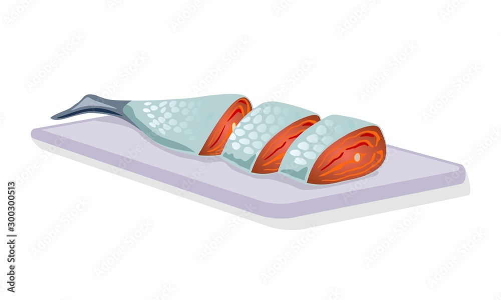 Headless cutted atlantic salmon, coho silver, sockeye red, pink humpy, chum  dog or chinook king is on cutting board. Salted raw or smoked fish. Sushi  preparation process. Cartoon vector on white. Stock