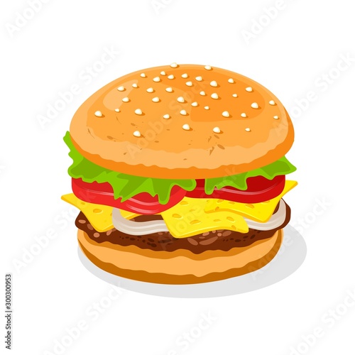 Appetizing big double cheeseburger with beef patties or steak  cheese  tomatoes  pickles  lettuce  sauce  mayo  onions  mustard nested on freshly toasted bun  decorated sesame seeds on top. Fast food.