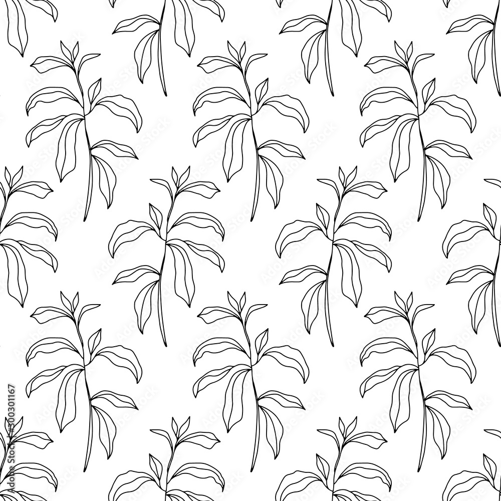 Floral seamless pattern with foliage, botanical endless texture, leaves ink sketch art