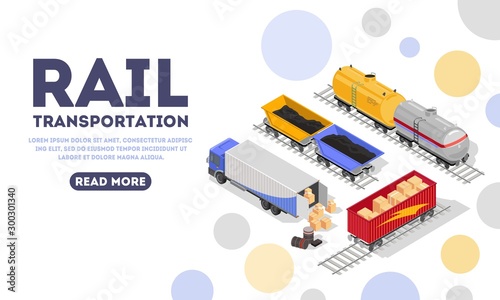 Rail transportation landing page template. Delivery by minecarts, rail-truck, mine trolley, container of train, wagons, railway vehicles, railcars concept for web. Vector isometric. Place for text.