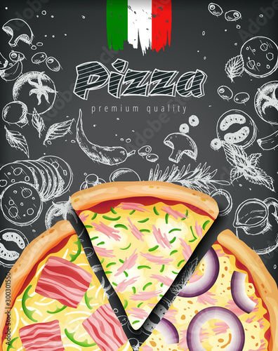 Italian pizza ads or menu with illustration rich toppings dough on engraved style chalk doodle background.