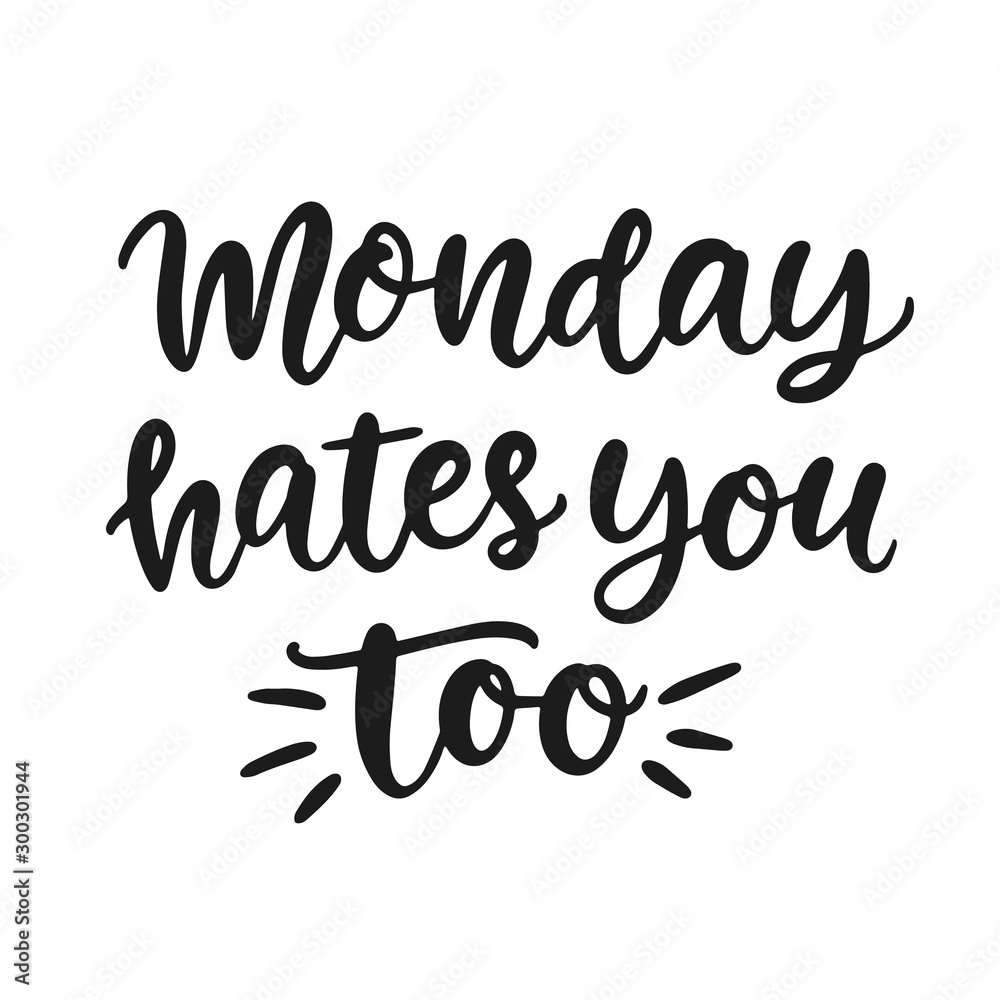 Monday hates you too. Ironic funny hand written brush lettering quote