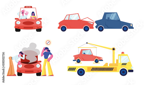 People and Transport Set Isolated on White Background. Student Pass Driving Exam to Trainer. Broken Car Accident People Looking under Hood  Tow Truck. Cartoon Flat Vector Illustration  Clip Art
