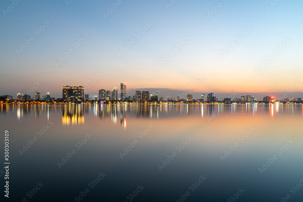 Hanoi cityscape at twilight at West Lake (Ho Tay)