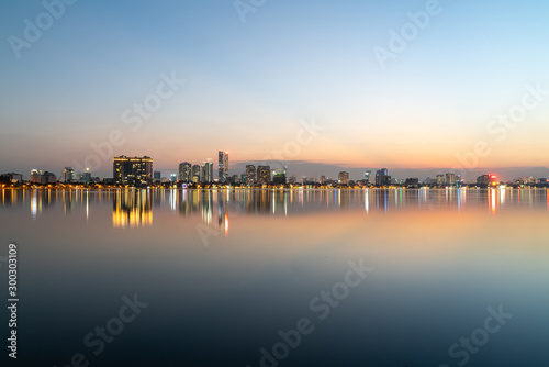 Hanoi cityscape at twilight at West Lake (Ho Tay)