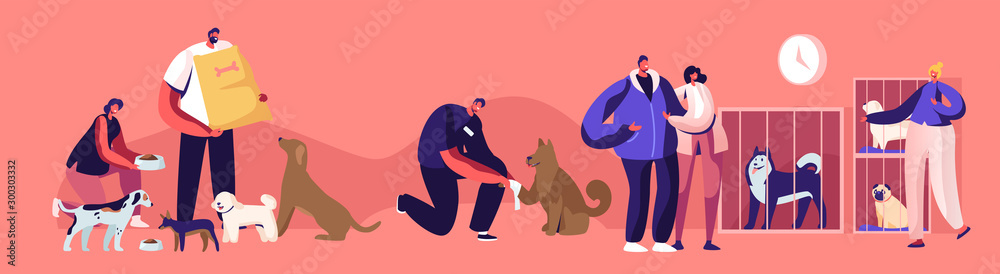 Kind People Help Homeless Animals. Men and Women Adopting Pet from Shelter, Healing and Feeding Dogs. Pound, Rehabilitation or Adoption Center for Stray Pets Concept. Cartoon Flat Vector Illustration